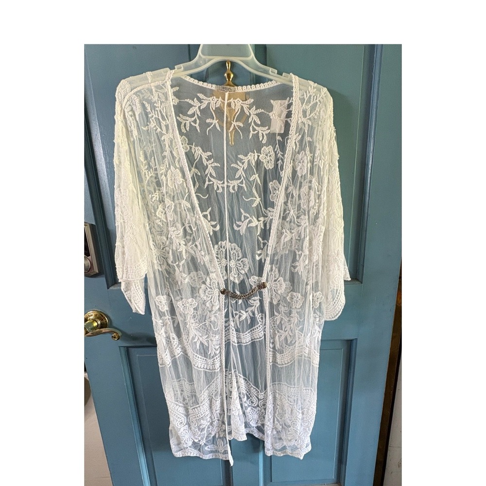 JODIFL Lace Kimono Cardigan Women's Size M White Floral Sheer‎ Open Front Boho